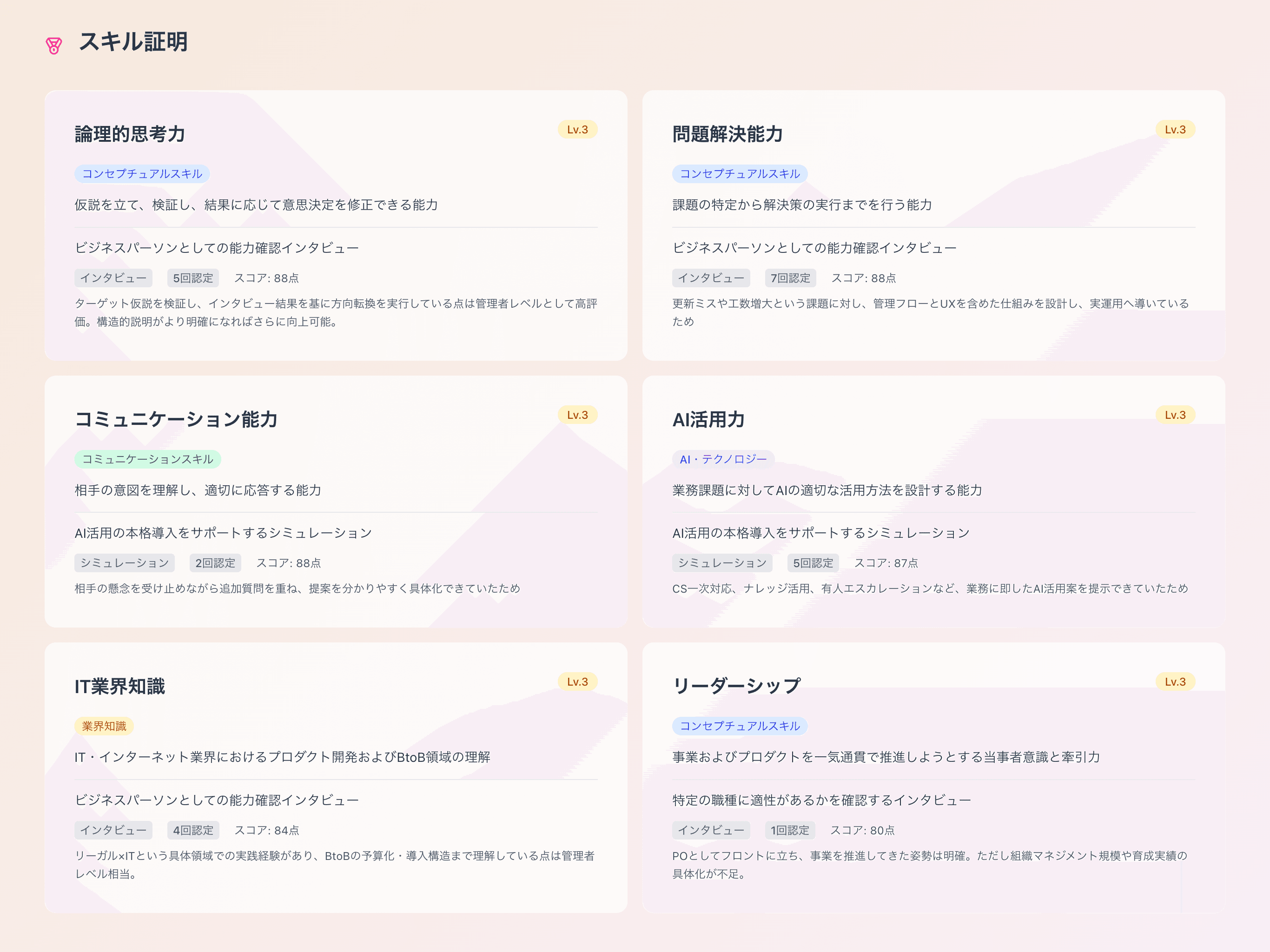 スキル証明画面のサンプル